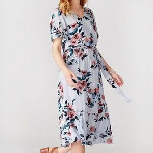 NWOT J. Jill Watercolor Floral Midi Dress in Blue (L) Short Sleeve Ruffled Hem